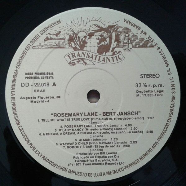 <em>Bert Jansch / Rosemary Lane</em> disc 2, side A label